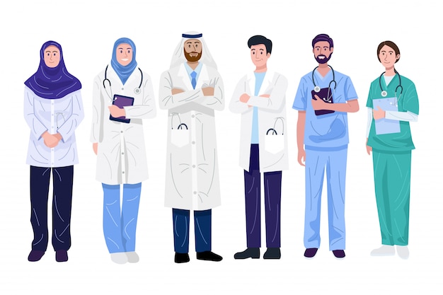 Ilustração de médicos e enfermeiros do Oriente Médio.