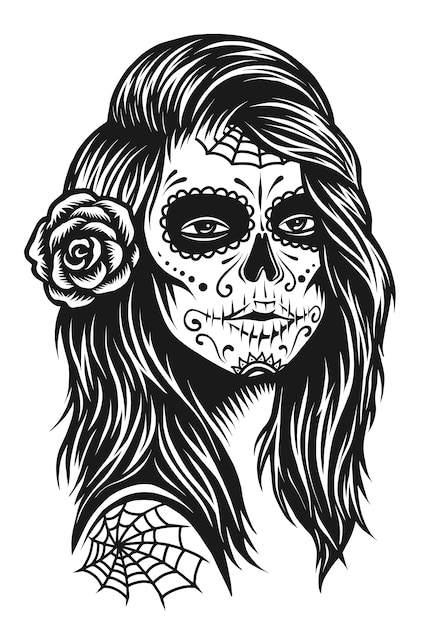 Ilustração de menina crânio preto e branco com rosa nos cabelos