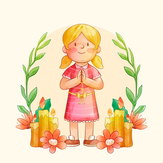 Ilustração de menina de primeira comunhão desenhada à mão