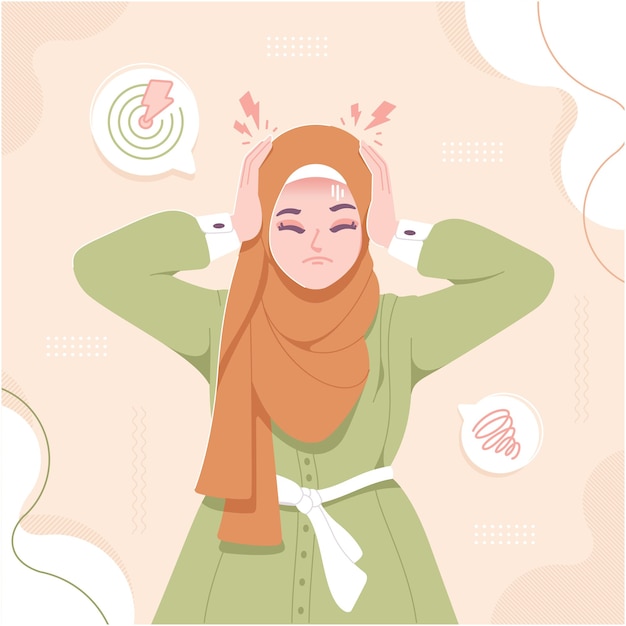 Ilustração de menina islâmica hijab conceito dor de cabeça