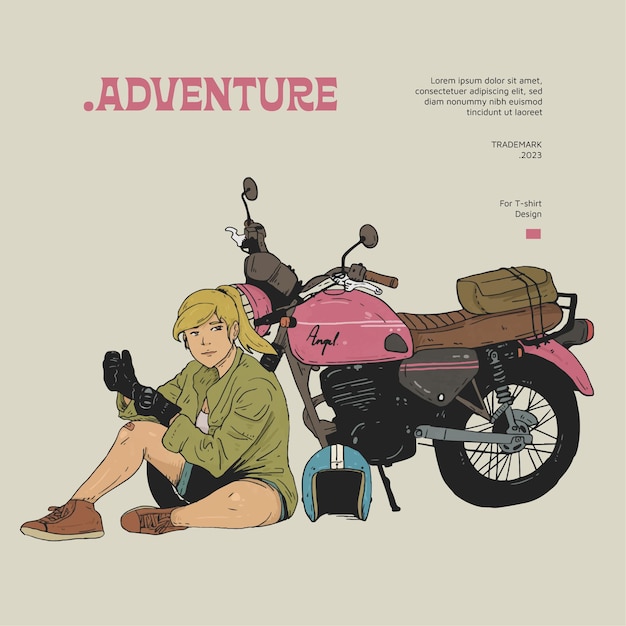 Ilustração de menina motociclista desenhada à mão para T-shirt