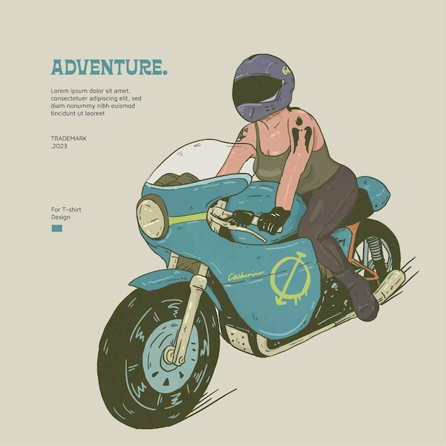 Ilustração de menina motociclista desenhada à mão para T-shirt
