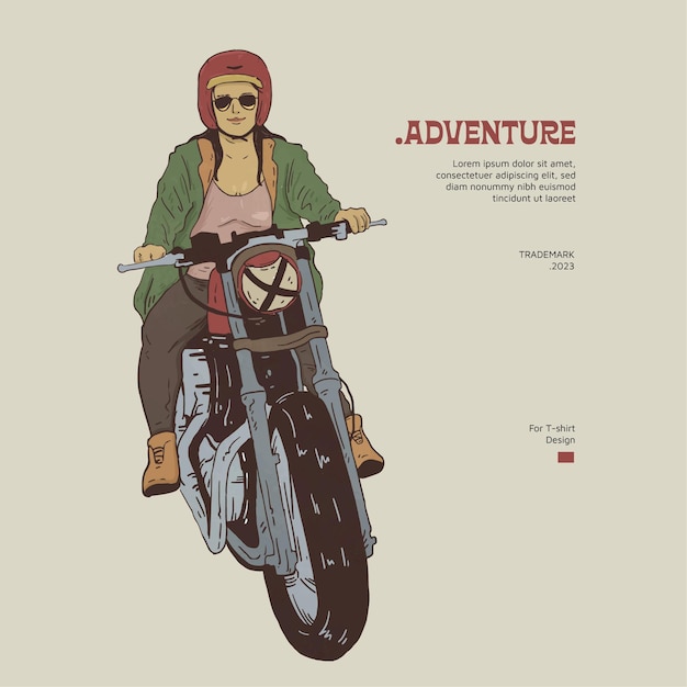 Ilustração de menina motociclista desenhada à mão para T-shirt