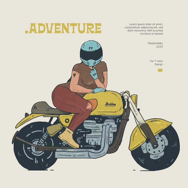 Ilustração de menina motociclista desenhada à mão para T-shirt
