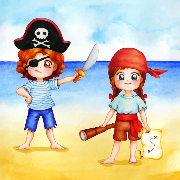 Ilustração de meninas piratas na praia