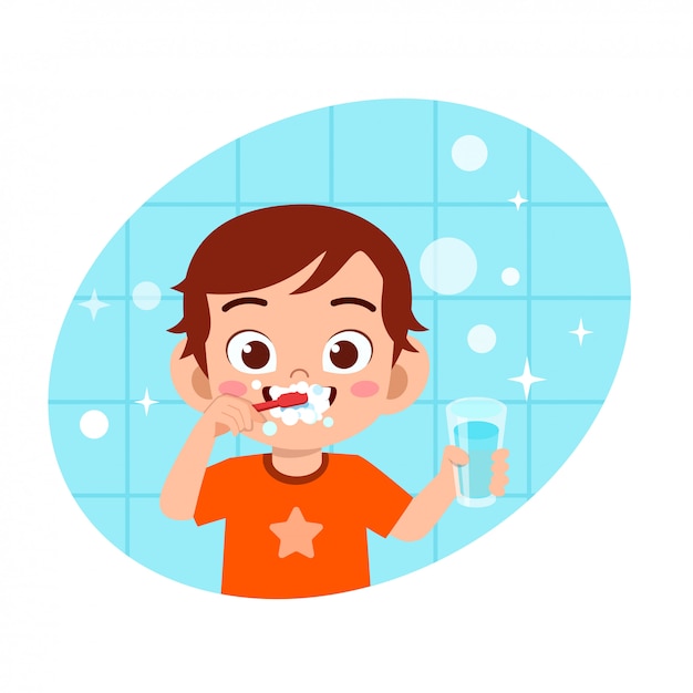 Vetor ilustração de menino bonito feliz escova dentes limpos