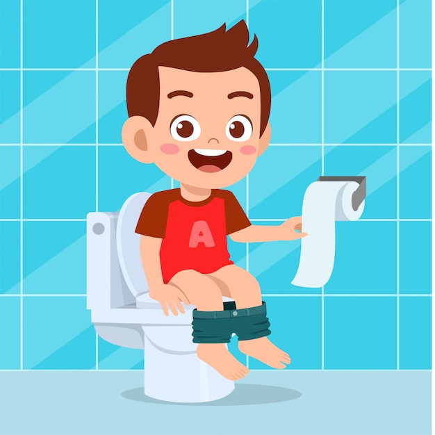 Vetor ilustração de menino bonito feliz sentar no vaso sanitário