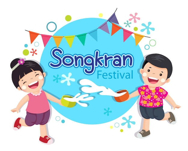 Ilustração de menino e menina curtindo espirrar água no festival songkran