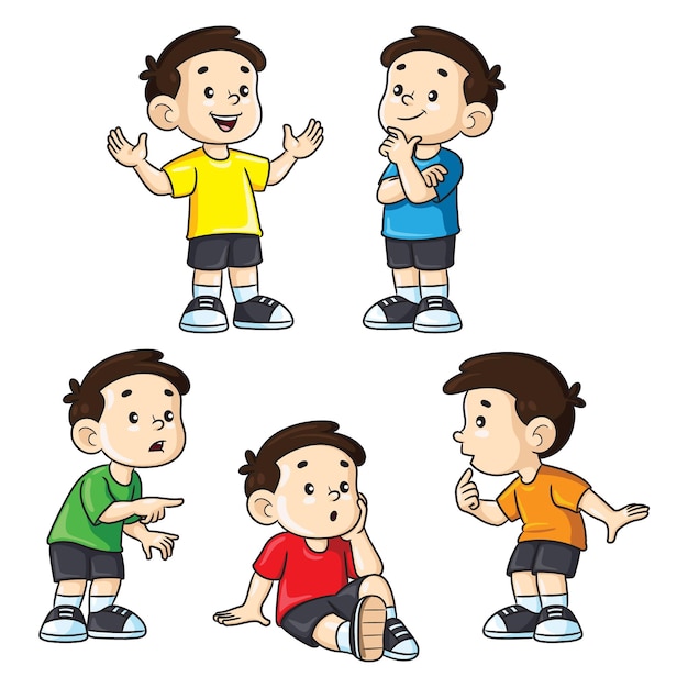 Ilustração de meninos bonitos dos desenhos animados em várias expressões e conjunto de gestos