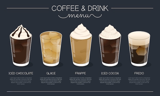 Ilustração de menu de café e bebida com diferentes tipos de café e bebida gelada em fundo azul marinho