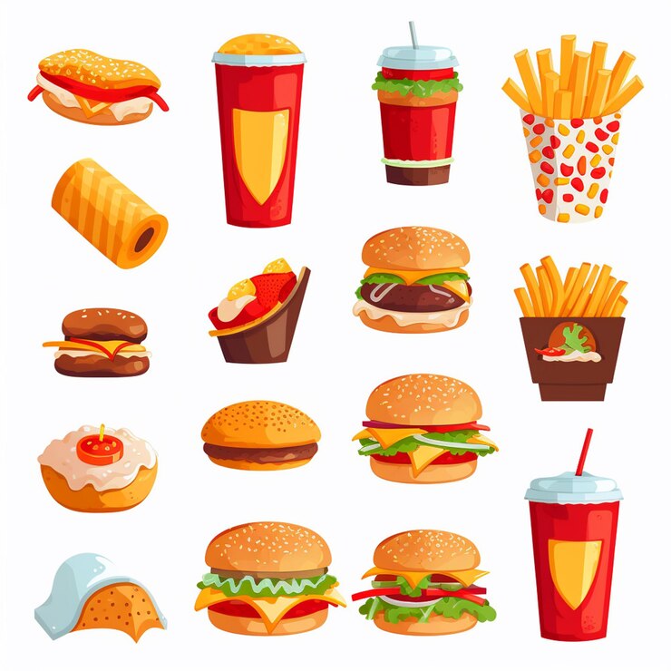 Vetor ilustração de menu de restaurante de hambúrguer de comida vetorial refeição rápida de pizza desenho de desenho animado de hambúrgueres