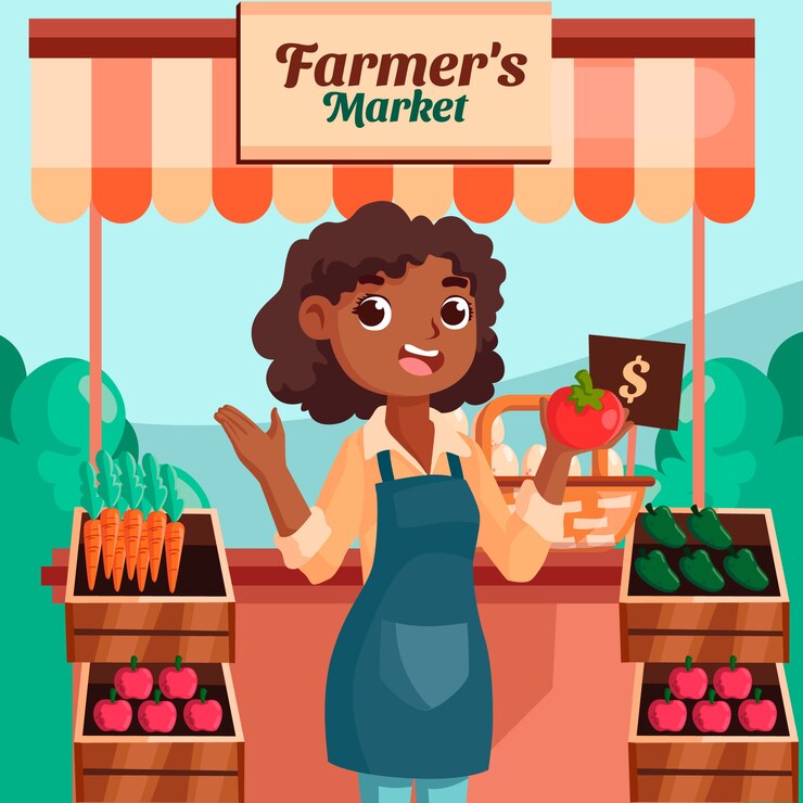 Vetor ilustração de mercado de agricultores de design plano desenhado à mão