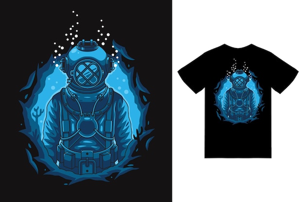 Vetor ilustração de mergulhador em alto mar com vetor premium de design de camiseta