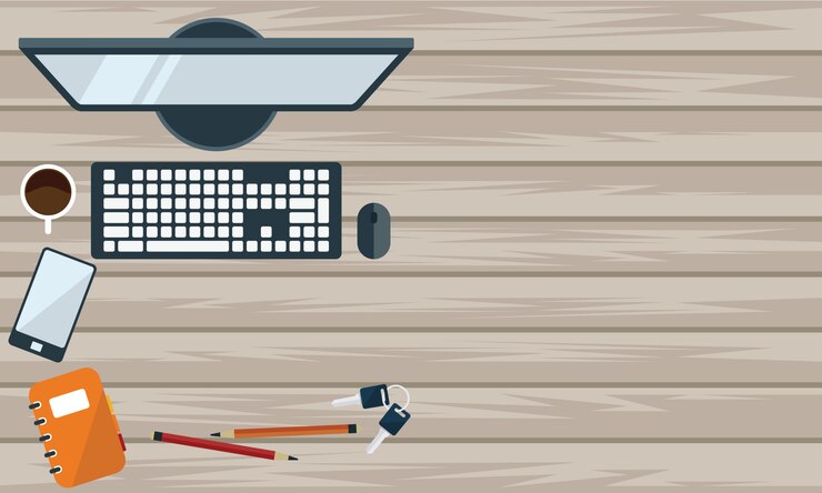 Vetor ilustração de mesa de escritório e estacionária em vista superior de estilo simples