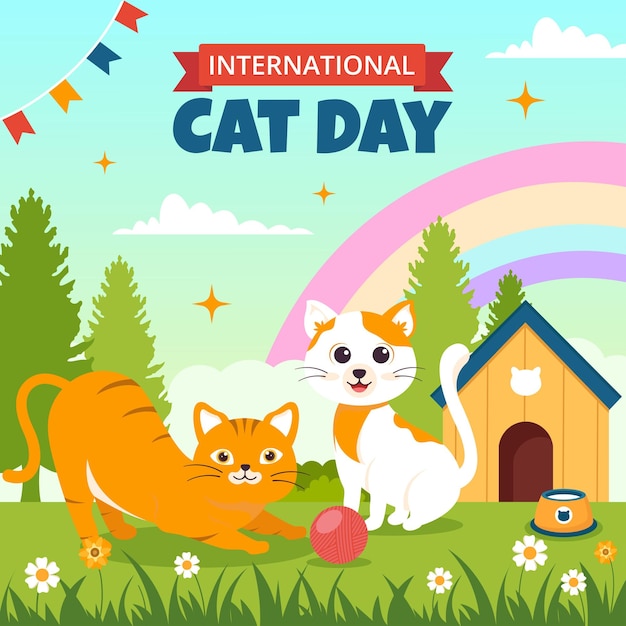 Ilustração de mídia social de dia de gato plano de fundo de modelos desenhados à mão de desenhos animados