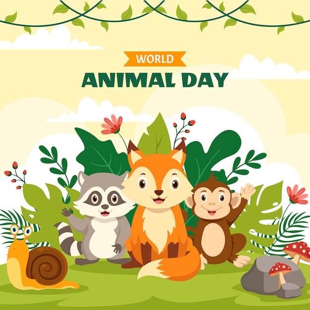 Ilustração de mídia social do dia mundial do animal desenho animado plano plano de fundo de modelos desenhados à mão