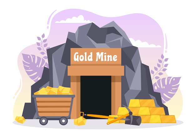 Ilustração de mina de ouro com atividade da indústria de mineração para tesouros e joias em modelos desenhados à mão