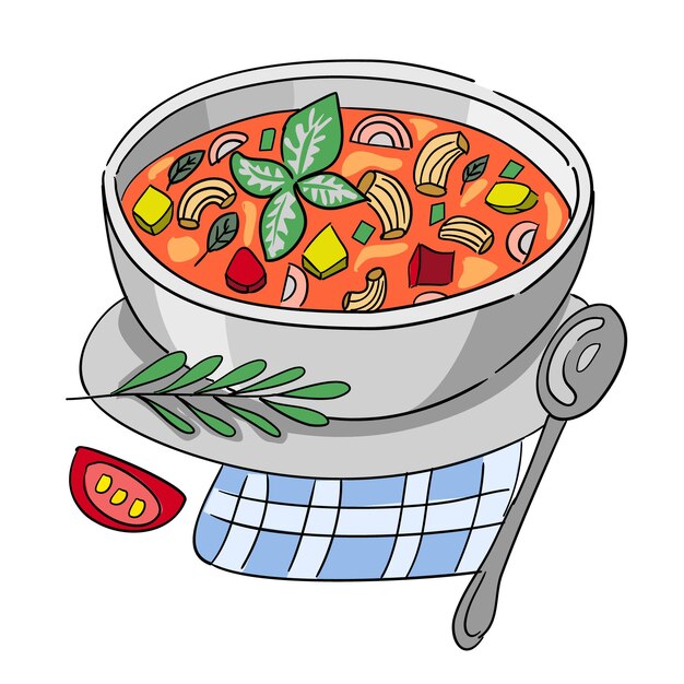 Vetor ilustração de minestrone sopa italiana vector guardanapo e colher