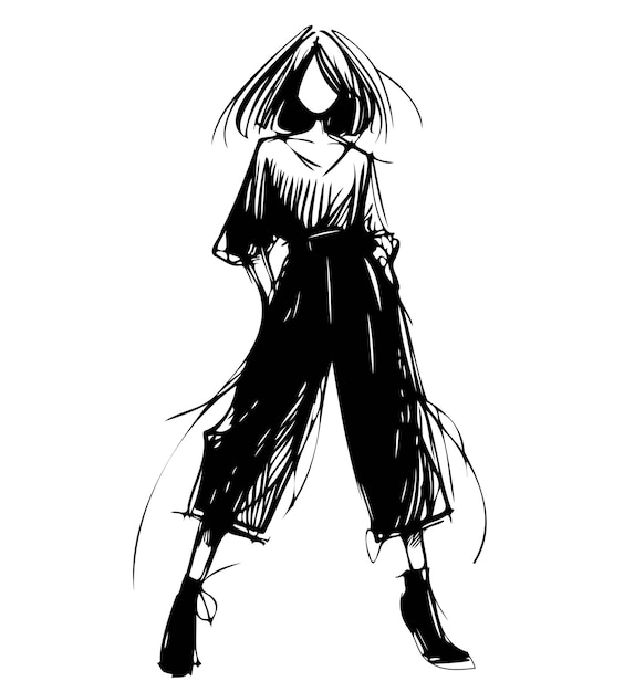 Ilustração de moda abstrata Menina de calças com cabelo curto