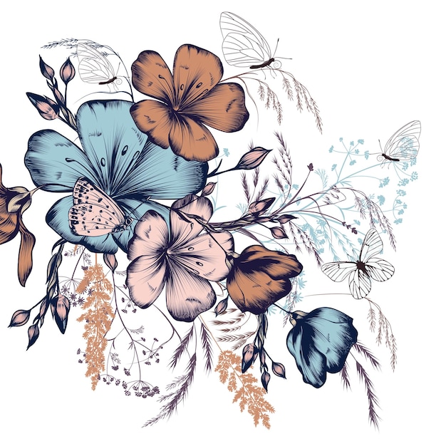 Ilustração de moda com borboletas de anúncio de flores para design