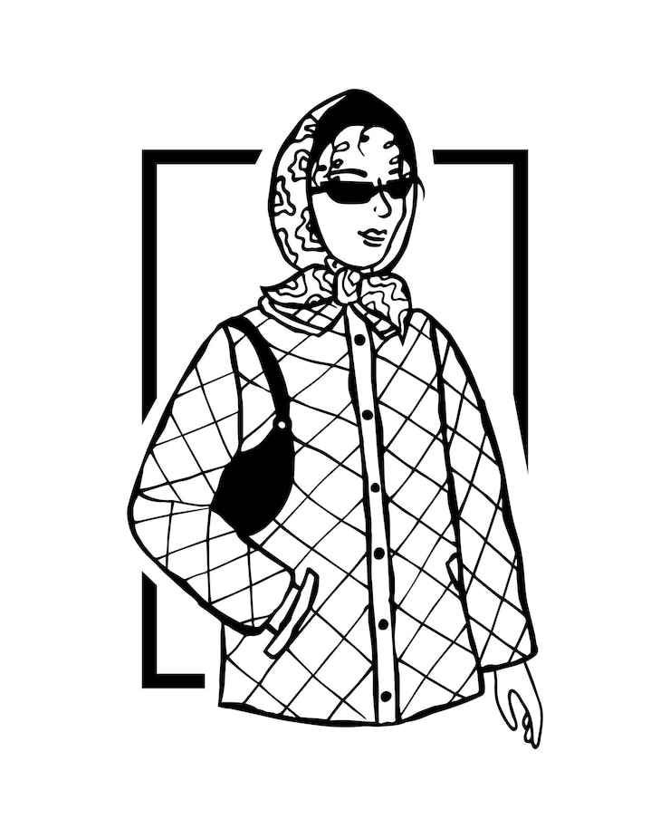 Vetor ilustração de moda vetorial de uma garota em um cachecol acolchoado na moda e óculos de sol moda casual