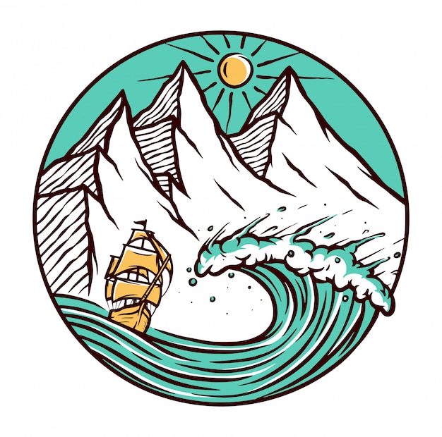 Ilustração de montanha e navio