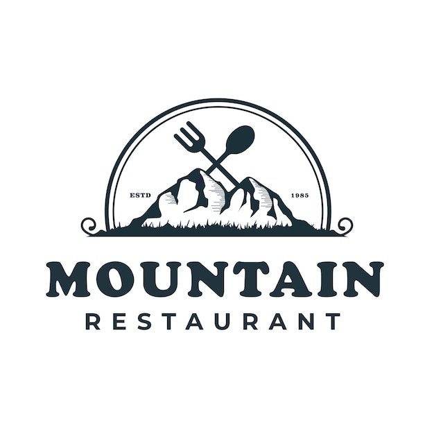 Ilustração de montanha em estilo vintage retrô restaurante logo mountain com garfo colher vector café ao ar livre camping ilustração design