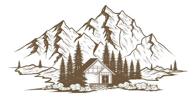 Vetor ilustração de montanhas conceito de montanha e sol em ilustração de arte em linha para viagens aventuras