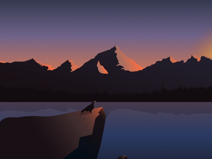 Vetor ilustração de montanhas do rio paisagem do nascer do sol