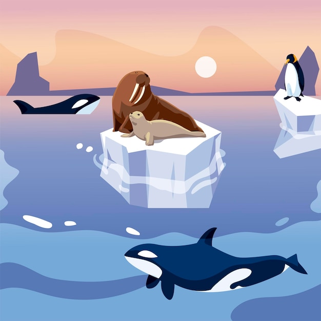 Ilustração de morsa e pinguim em iceberg orca baleias no mar