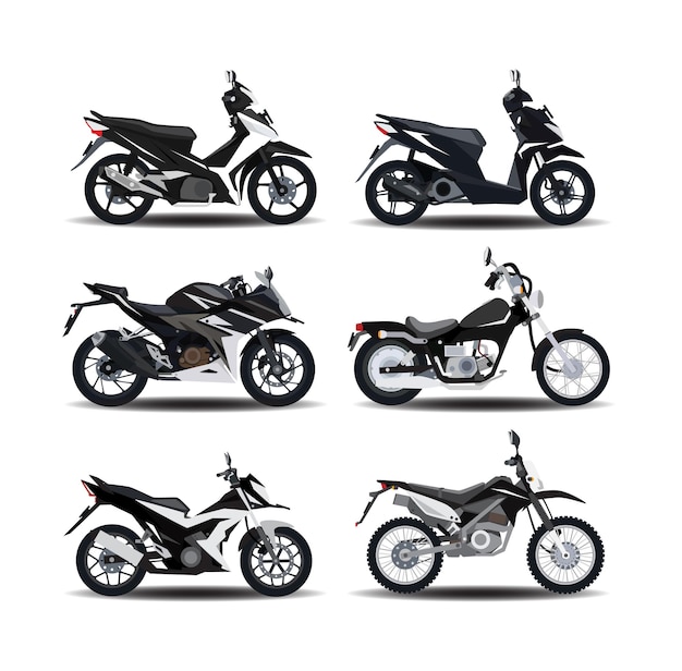 Ilustração de motocicleta em estilo semirrealístico com seis tipos diferentes de motocicletas
