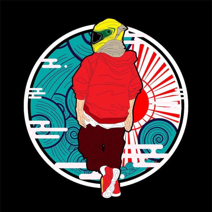 Vetor ilustração de motociclista com estilo japonês para evento kaijune, notebook, logotipo