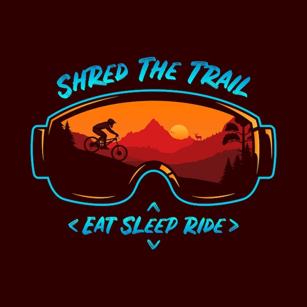 Ilustração de mountain bike com montanhas de ciclistas e natureza selvagem