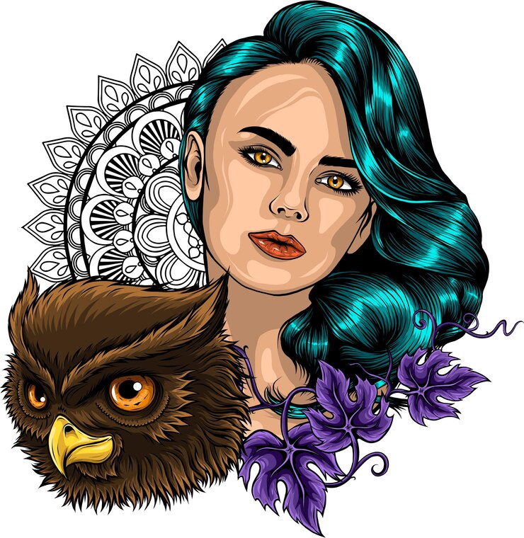 Vetor ilustração de mulher com cabeça de coruja
