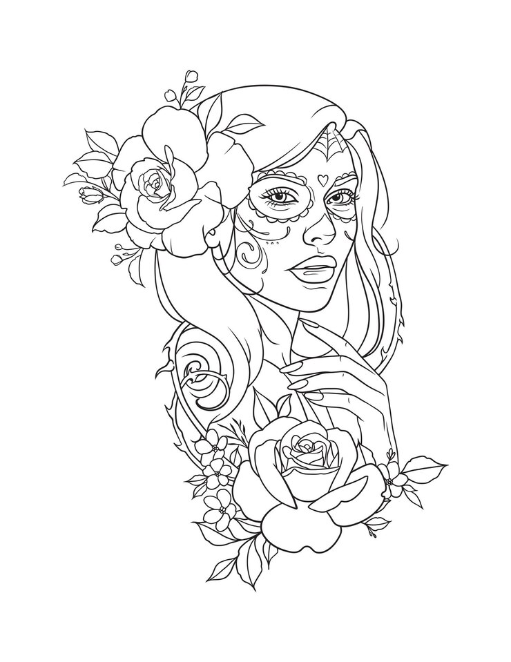 Vetor ilustração de mulher com cabelo comprido decorado com elementos florais antistress preto e branco
