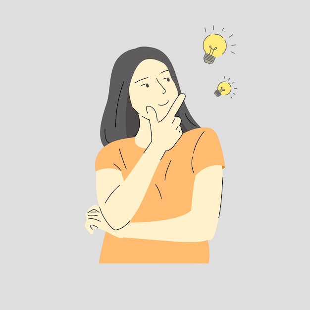 Ilustração de mulher com gesto segurando o queixo e recebendo ideias