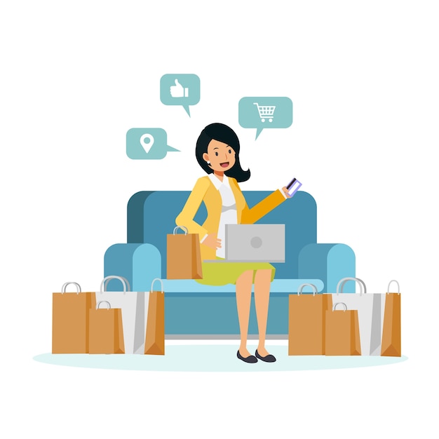 ilustração de mulher de personagem de desenho animado plana sentada no sofá é desfrutar de compras online. mulher segura o cartão de crédito no sofá cercando a sacola de compras.