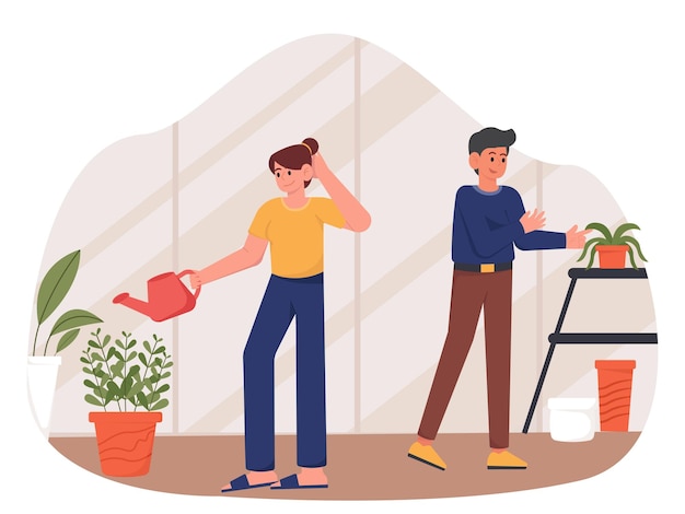 Ilustração de mulher e homem cuidando de plantas
