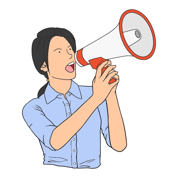 Ilustração de mulher gritando alto com alto-falante manual