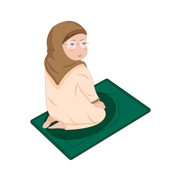 Ilustração de mulher muçulmana oferecendo oração islâmica namaz na postura de tashahhud no tapete verde