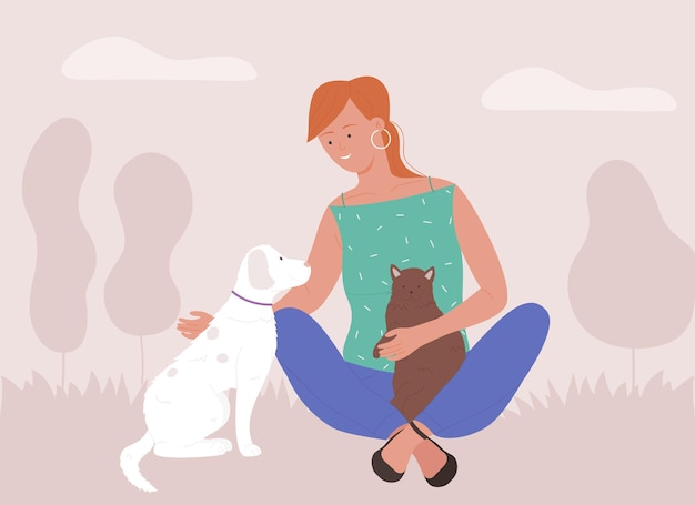 Ilustração de mulher passando um tempo com animais de estimação