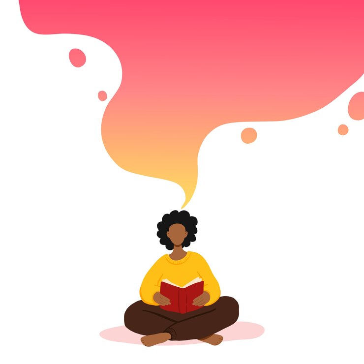 Vetor ilustração de mulher sentada e lendo livro, sonhando.
