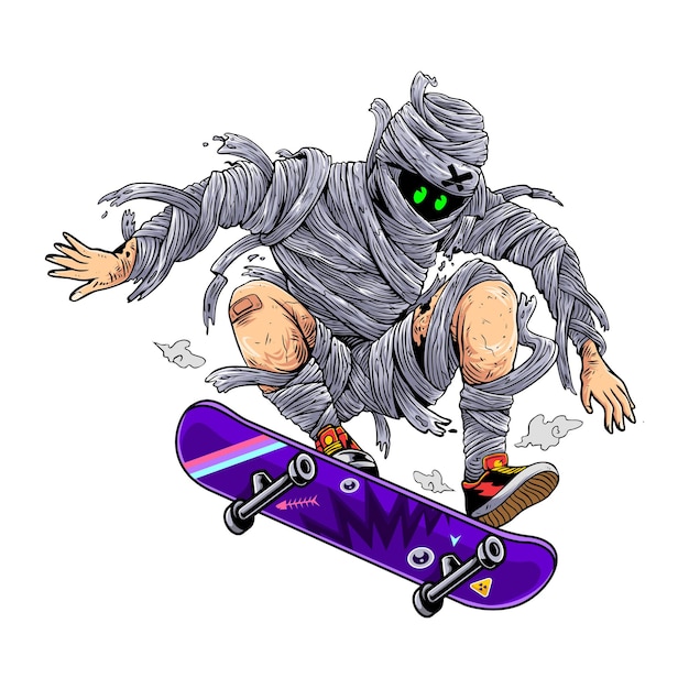 Ilustração de múmia pulando de skate