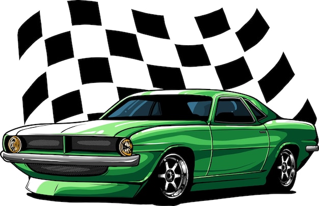 Vetor ilustração de muscle car com bandeira de corrida