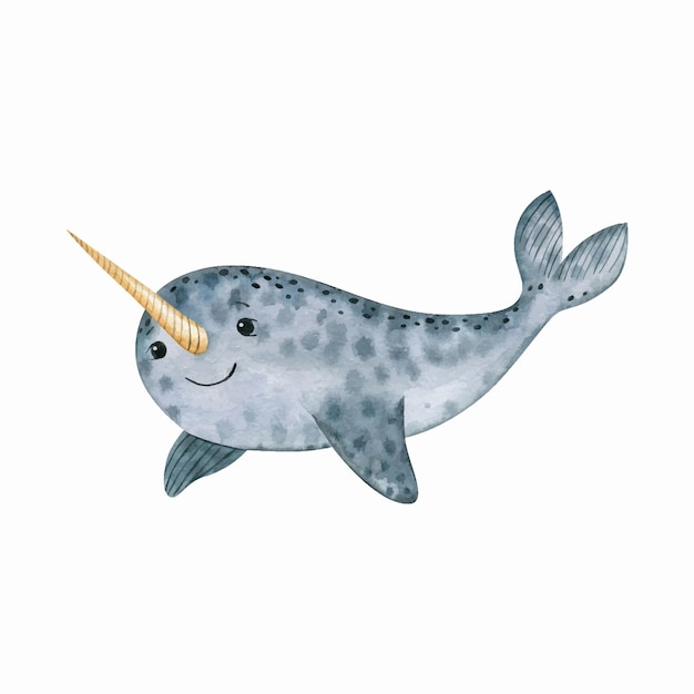 Ilustração de narwhalwatercolor do mar fofa isolada no branco personagem animal estilizada de desenho animado