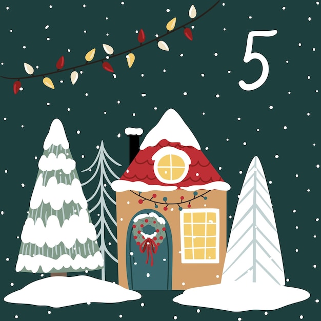 Vetor ilustração de natal com árvores aconchegantes e números para o calendário de advento