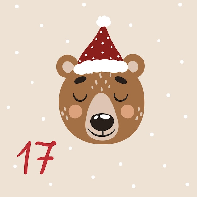 Vetor ilustração de natal com cara de urso bonito em chapéu de papai noel e números para o calendário do advento