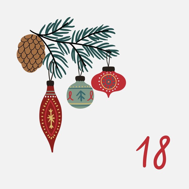 Vetor ilustração de natal com decorações de galhos de árvores de natal e números para o calendário de advento