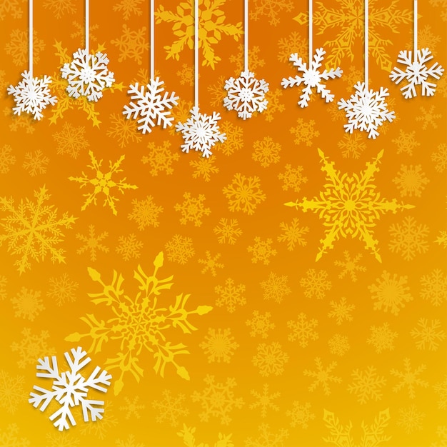 Ilustração de Natal com flocos de neve brancos pendurados em fundo amarelo