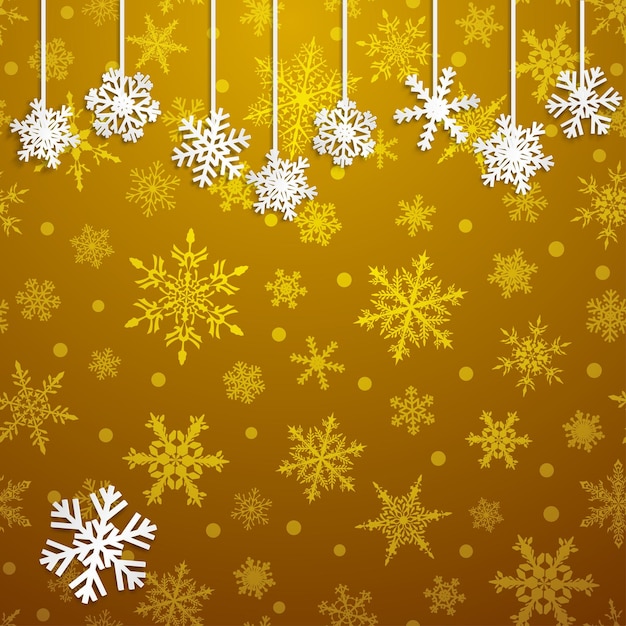 Ilustração de Natal com flocos de neve brancos pendurados em fundo dourado